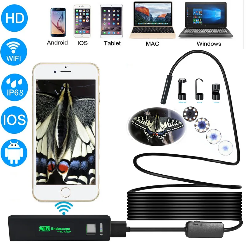 New WiFi Endoscope 1200P Ultra HD IOS Endoscope Hard Wire Waterproof Mobile Phone Wireless Car Endoscope