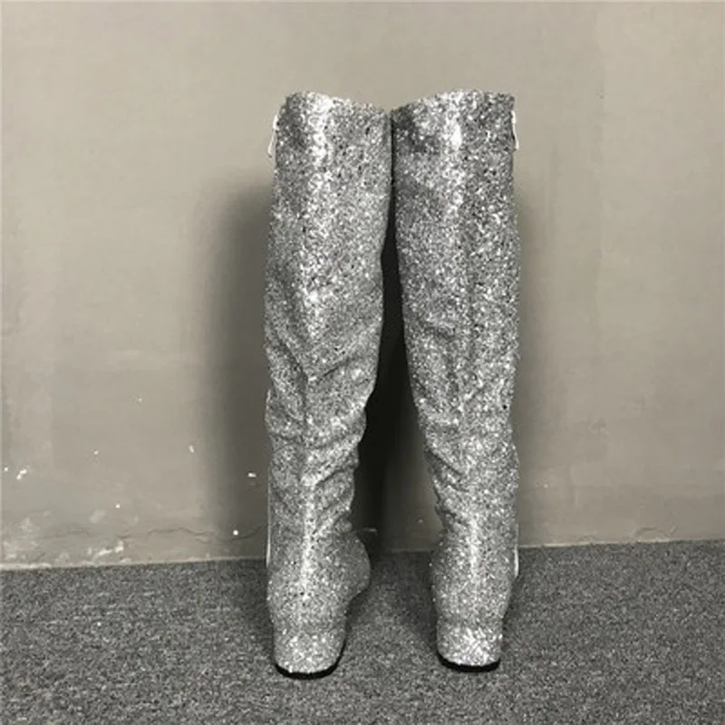 Women Luxurious Rhinestone Pointed Toe OverKnee Chunky Heel Boots Bling Bling Crystal Slim Long Boots Wedding Club Shoes