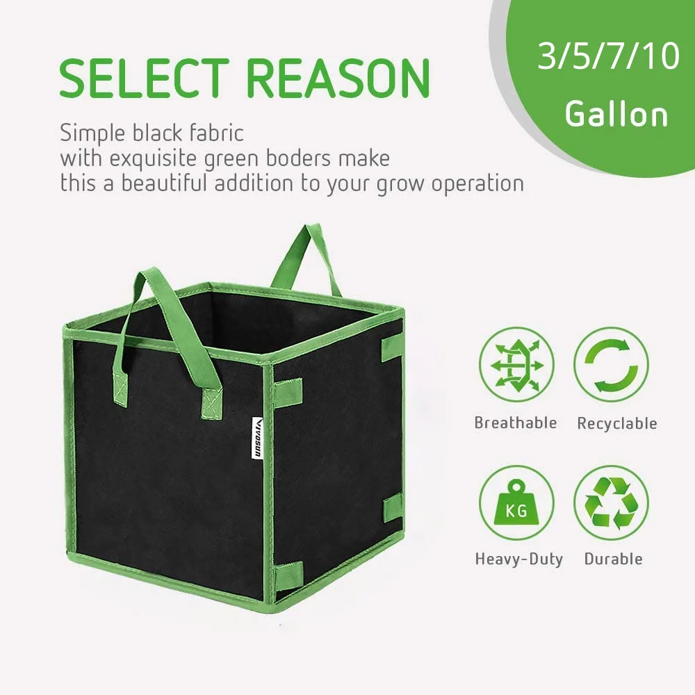 Square Garden Plant Grow Bag, Felt, Potato, Vegetable, Flower, Planter Pot, Eco-Friendly Growing Bags, 3 Gallon, 5 Gallon