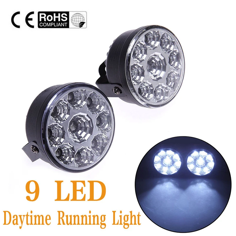 

2Pcs 9LED DRL Round Car Fog Lamp Driving Daytime Running Lights Head Light White