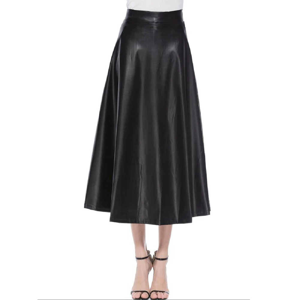 Women Faux Leather Skirt High Waist Zipper Pleated  A-Line Large Swing Flare Long Skirt 2022 Winter Vintage Latex Skirt Clubwear