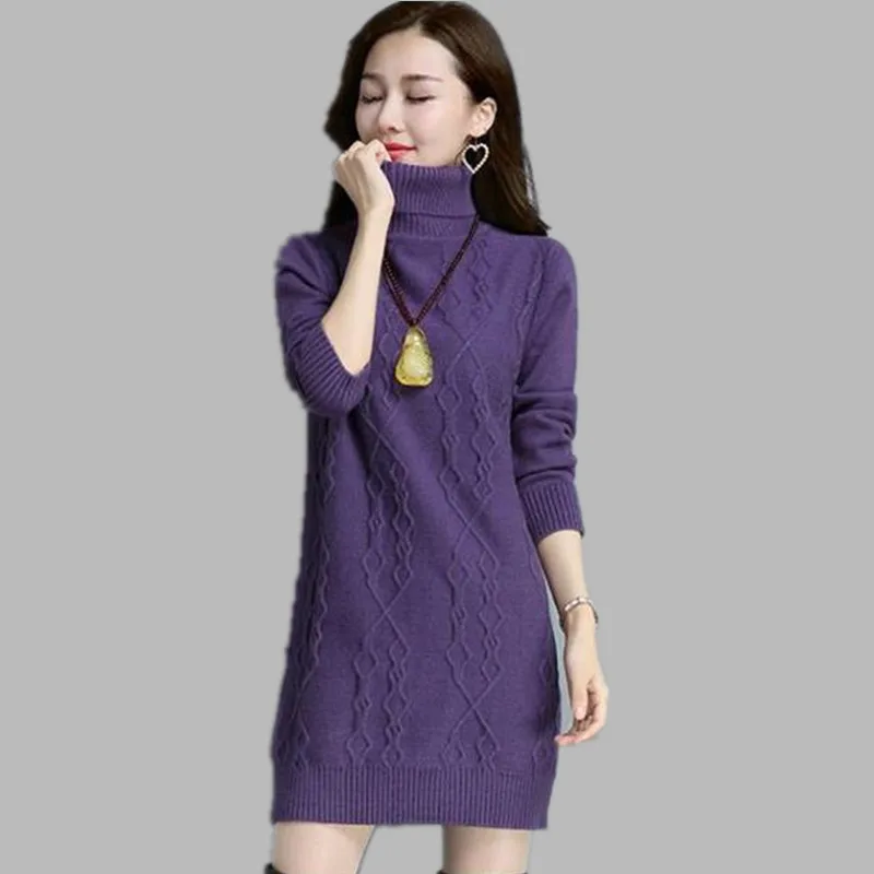 Zimowy damski golf sweter pulower nowy jednolity długi rękaw średniej długości ciepły dzianinowy sweter damski odzież topy AH10