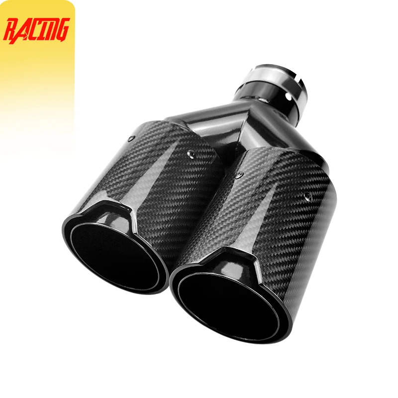 Car Carbon Fiber Glossy Muffler Tip Y Shape Double Exit Exhaust Pipe Nozzle Decoration Universal Stainless Black for BMW