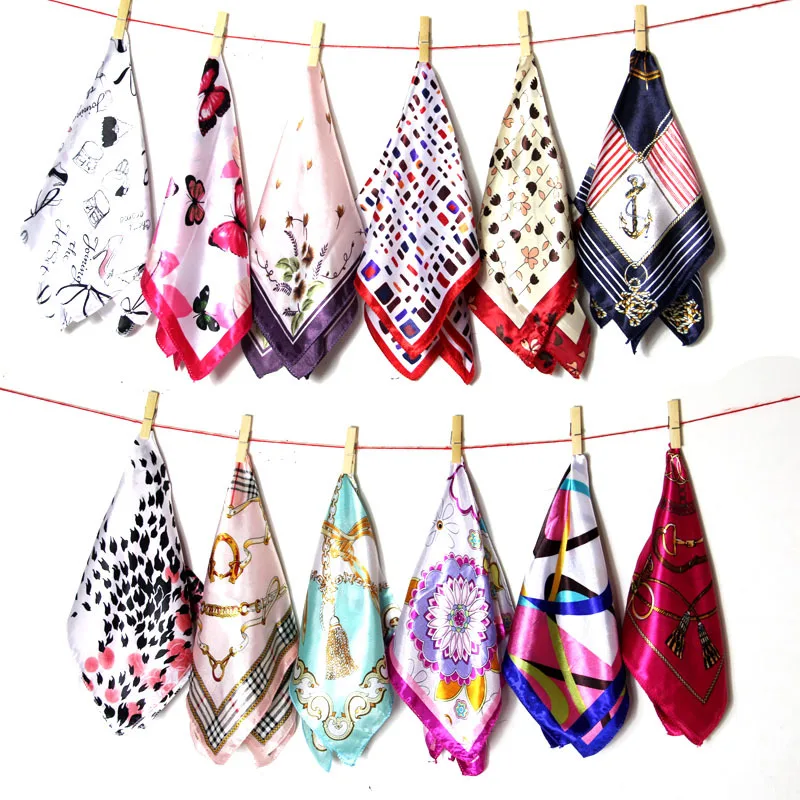 50*50cm Fashion Ladies Scarf Brand Design Printed Scarves Woman's Professional Square Silk Scarf Neckchief Satin Bag Hair Tie