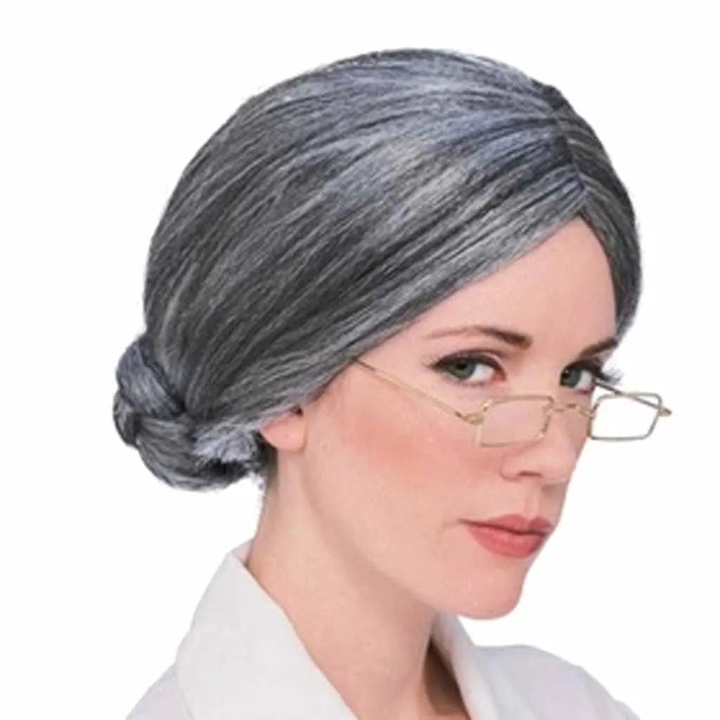 Peluca de moño corto gris de Color plateado para mujer antigua, disfraz de fantasía para Cosplay, novedad