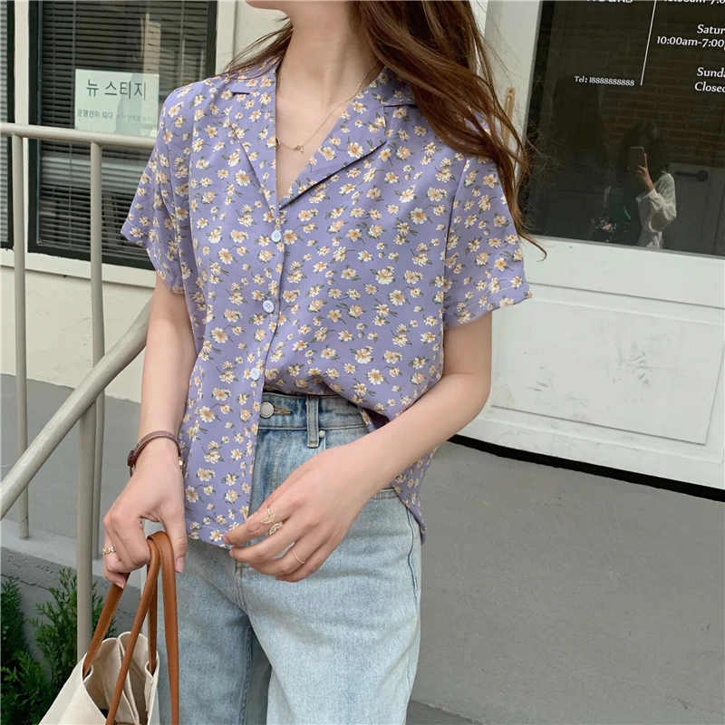 New Korean style temperament suit collar floral short-sleeved chiffon shirt