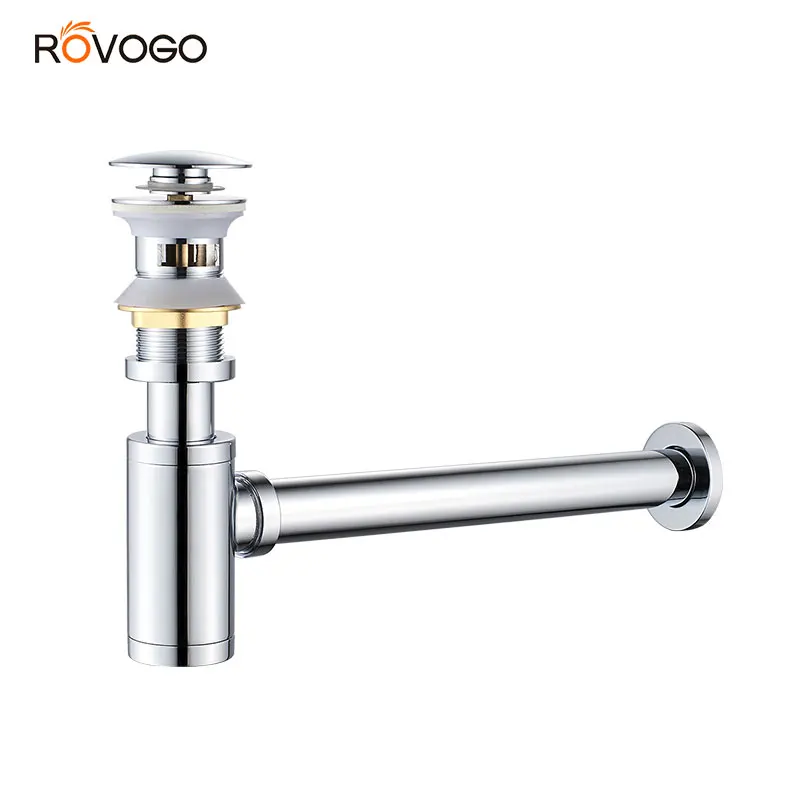 ROVOGO Round 1 1/4'' Sink Bottle P-Trap Waste Pipe Tube, Adjustable Height Pop-up Drain Stopper Kit Assembly with Overflow