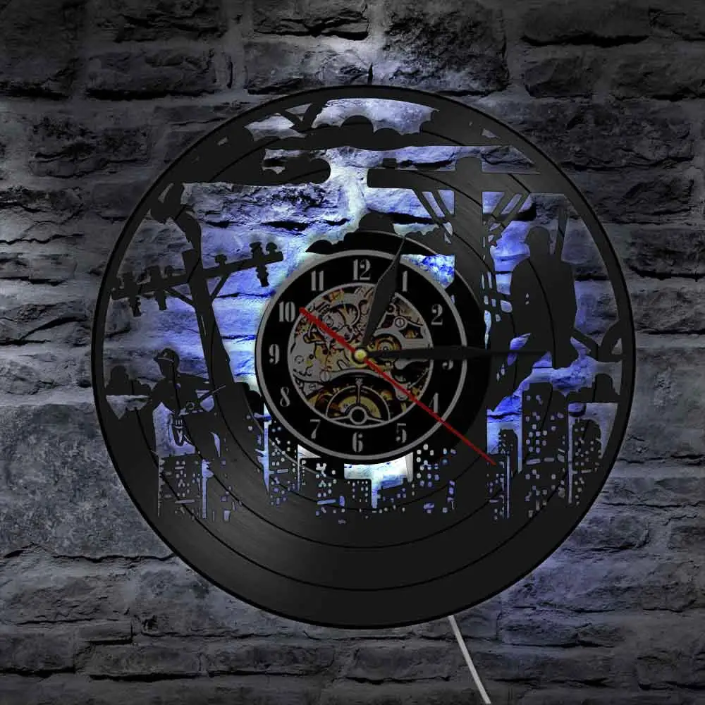 

Power Lineman Silhouette Electrician Vinyl Record Wall Clock High Risky Electrical Utility Worker Night Light Lineworkers Gift