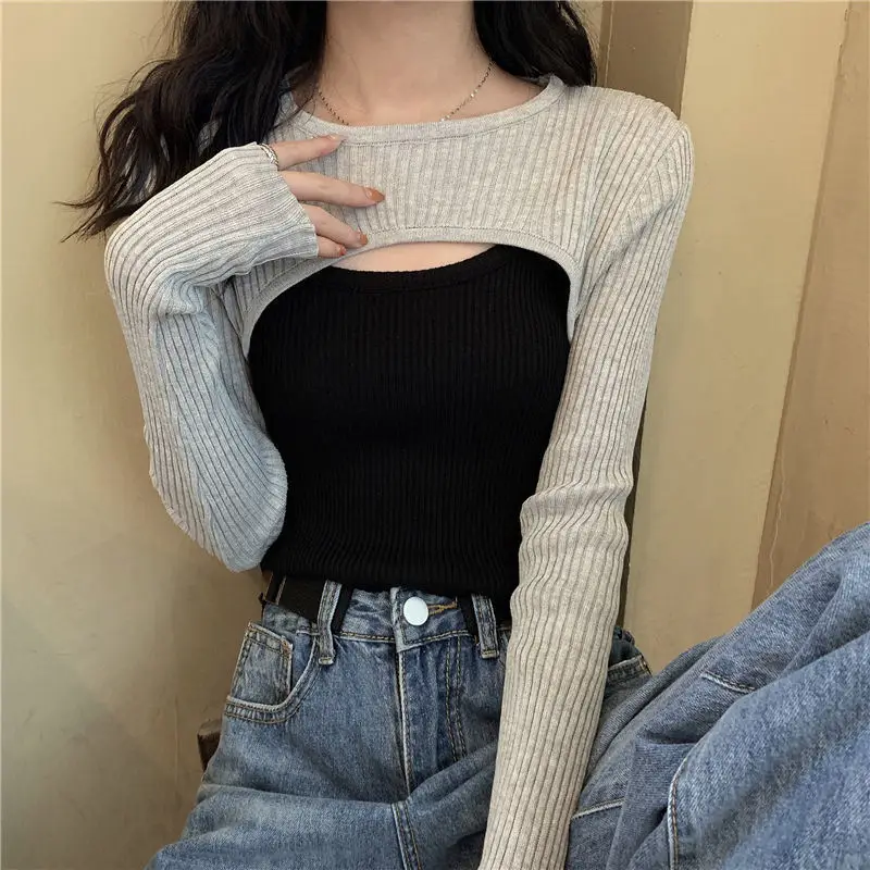 Women Shrugs Solid Candy Color Sweet Crop Top Slim Knitwear O-neck Hot Girls Soft Hipster Casual Females All-match Long Sleeve