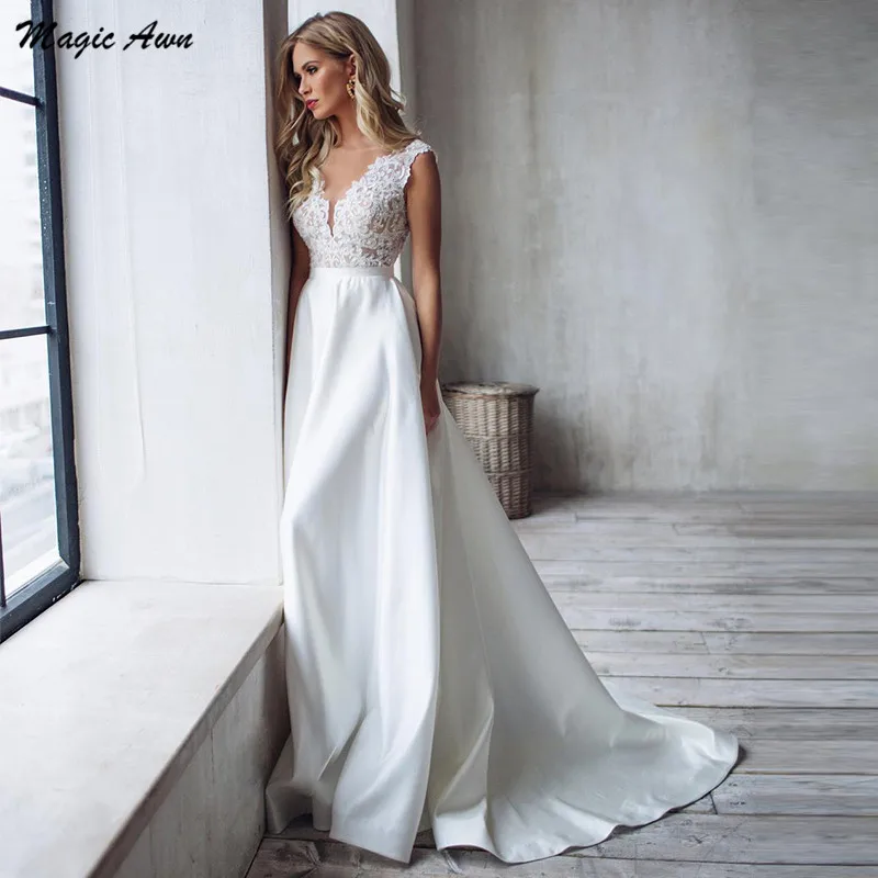 Magic Awn-Vestidos de novia de satén con encaje, ropa de novia Bohemia con escote en V, Espalda descubierta, línea A, tren de barrido, Princesa, elegante, 2021