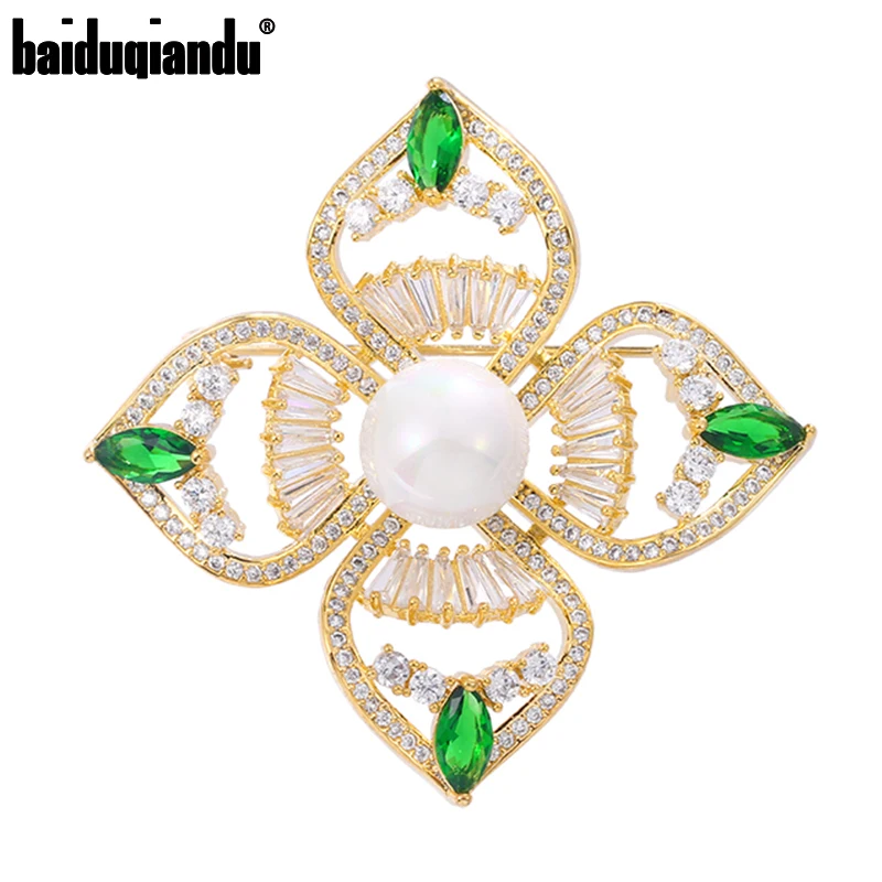 Baiduqiandu Green/Clear Cubic Zircon Brooches Women Men Round and 4 Petals Compose Flower Brooch Office Collar Pins Gift