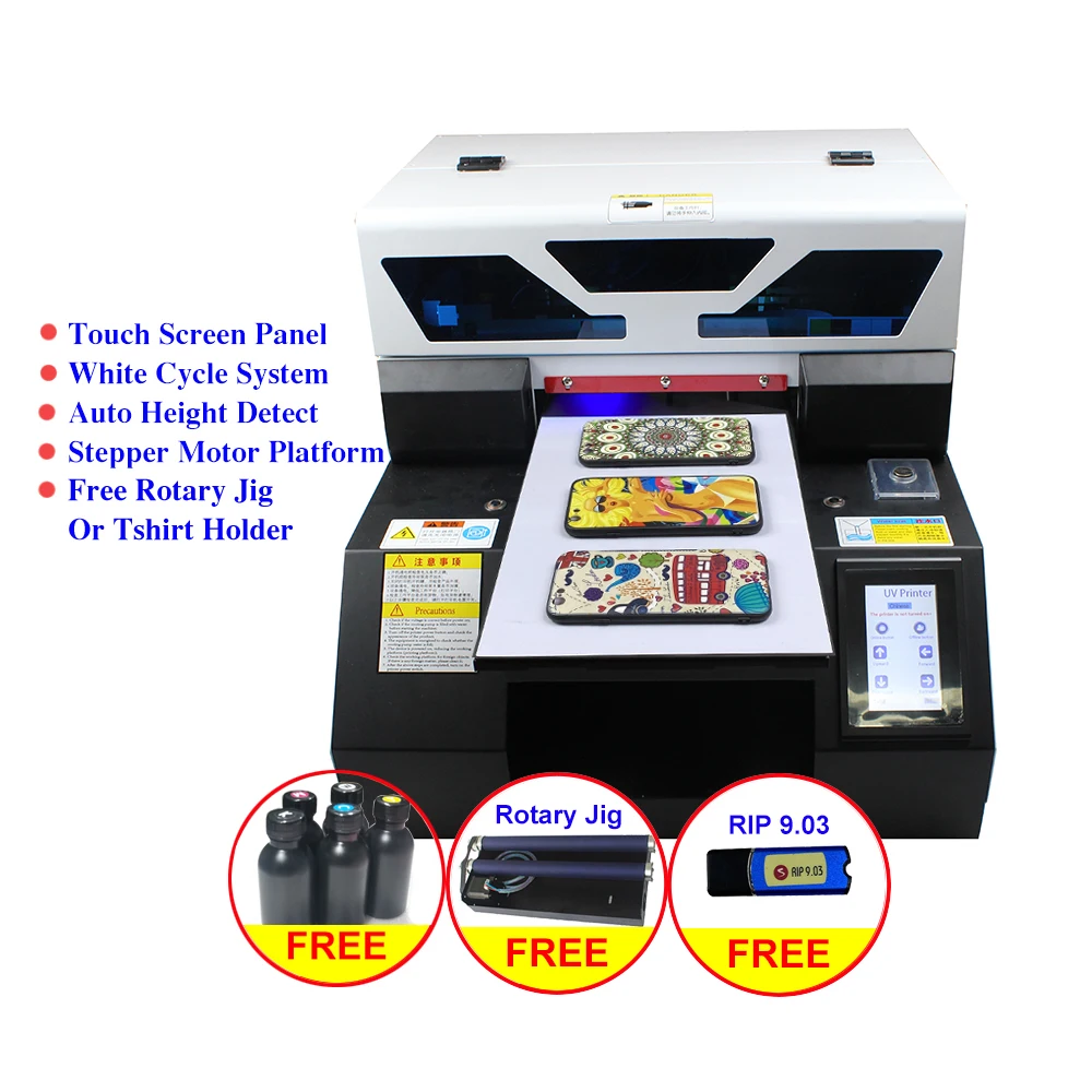 Touch Screen A4 UV printer DTG Tshirt textile fabric UV printing machine with gift ink set for bottle phone case  Metal wood pen