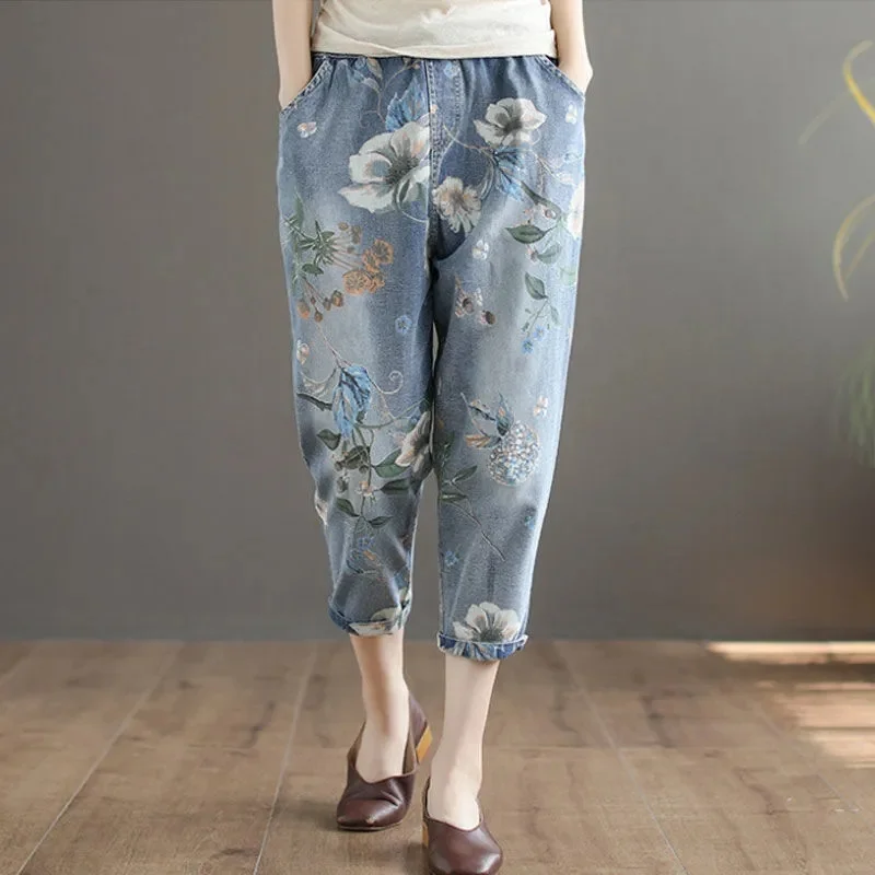 Retro Printed Jeans Women 2022 Summer New Thin Loose Elastic Waist Harem Pants Female Fashion Calf-Length Denim Pants Vintage