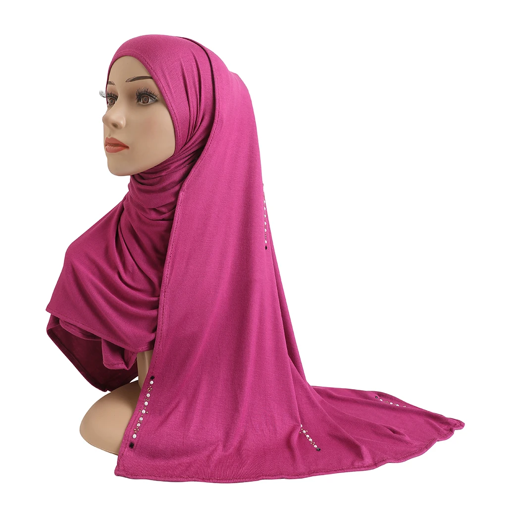 H206 Modal Cotton Jersey Soft Long Scarf With Beadings Rectangular Hijab Lady's Headscarf Shawl Women's Bonnet Hat Caps