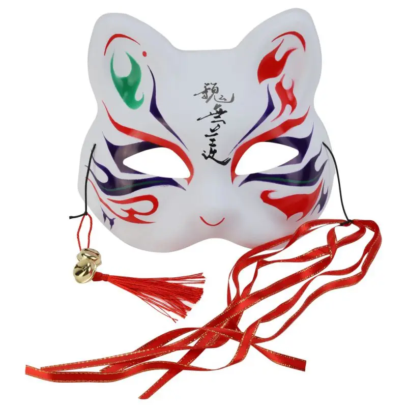 Animal Cat Fox Half Face Mask with Tassels Japanese Style  Small Bells Hand-Painted Cosplay Anime Masquerade Party Dress Up