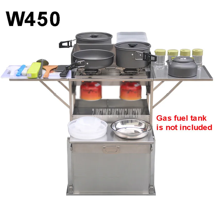 

2-3 Person Outdoor Mobile Kitchen 304 Stainless Steel Foldable Cooking Desk Hiking Camping Gas Cooker Stove + Windshield W450