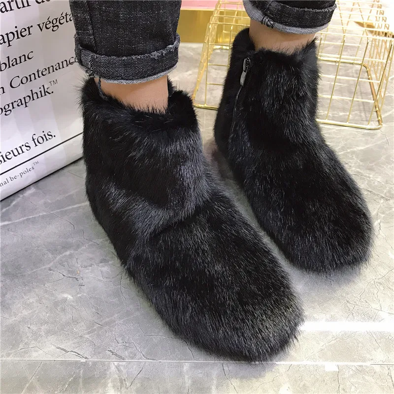 Real Mink Fur Women Snow Boots Black Winter Warm Furry Botas Mujer Casual Ankle Booties Thick Sole Platform Shoes Ladies Flats