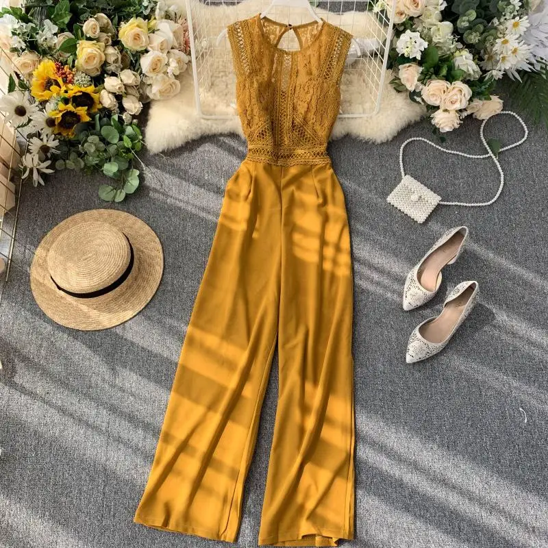 Mode hohle Spitze Bodysuit Frühling Sommer Damen ärmellose sexy Overalls Patchwork solide Overall elegante Frauen Stram pler w1993