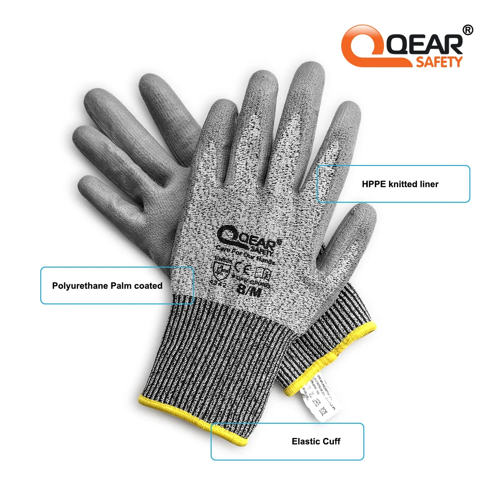 3 Pairs QearSafety Cut 3 HPPE Yarn Work Safety Gloves,Thin PU Palm Coated,Anti-slip,Dexterity Light-Weight, Assembling Jobs