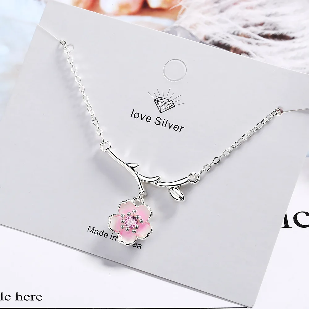 Hot Sale Cherry Blossoms Necklace  silver color Sakura Flower Necklaces & Pendants Chain Choker Necklace Jewelry Collar