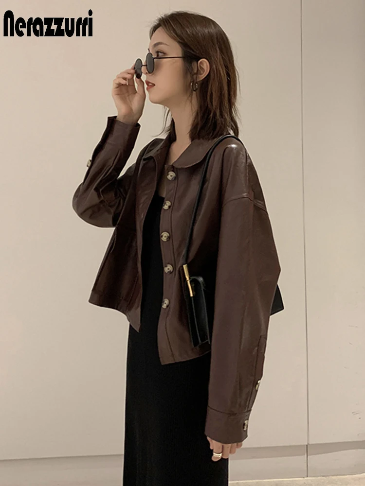 Nerazzurri Autumn Short Brown Oversized Leather Jacket Long Sleeve Pockets 2022 Spring Light Soft Faux Leather Jackets for Women