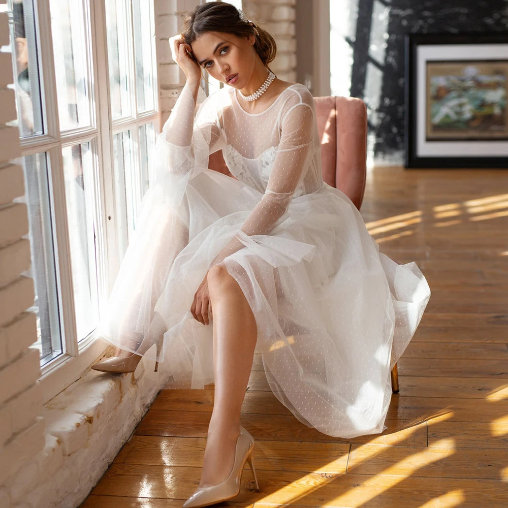 Vestido de novia corto romántico con mangas largas, vestido de novia Vintage largo hasta el té, vestido de recepción de tul con lunares