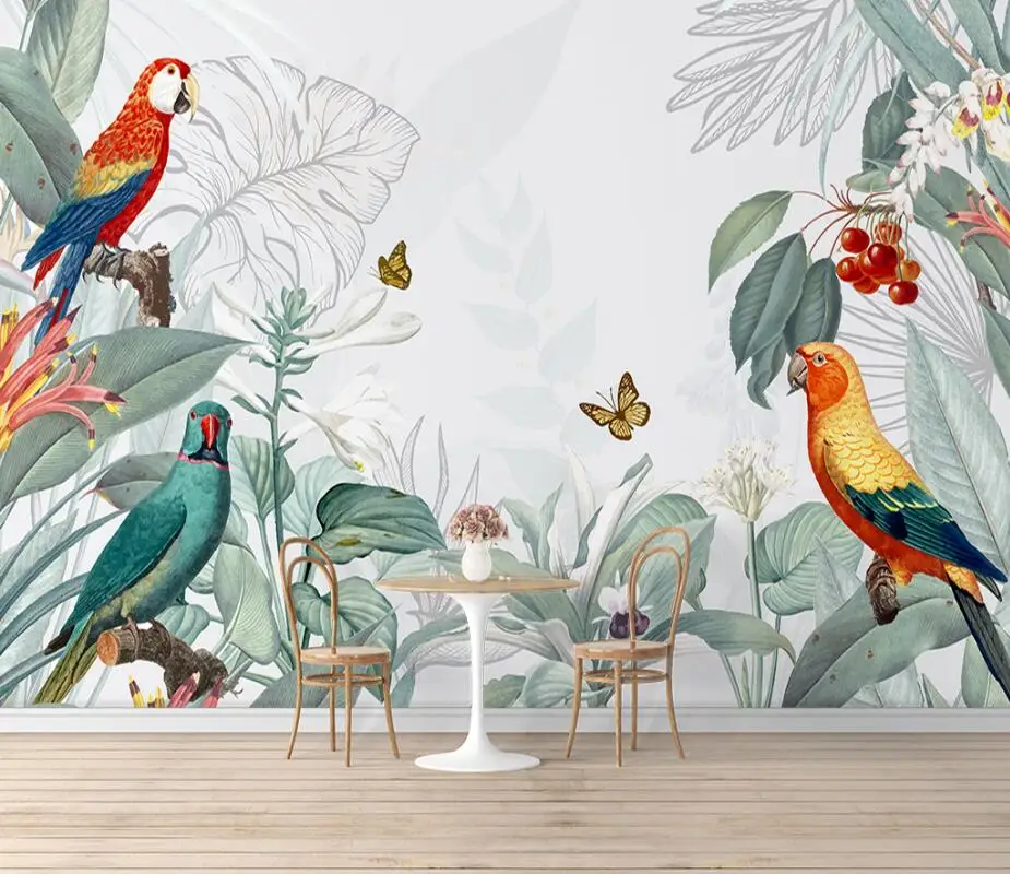 

beibehang Customized new wallpaper Hand painted retro tropical plants flowers and birds indoor TV bedroom background wallpaper