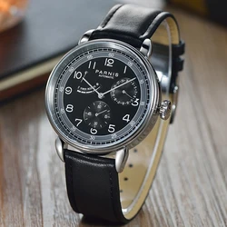 PARNIS Classic Black Self Winding Men Watch 42mm Power riserva data indicatore cassa rotonda cinturino in pelle/acciaio