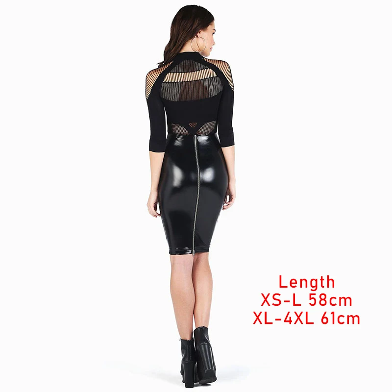 Women Casual PU Leather Bodycon Midi Skirt Ladies Faux Leather Pencil Skirt Hip Wrapped Back Zip Shiny PVC High Waisted Custom