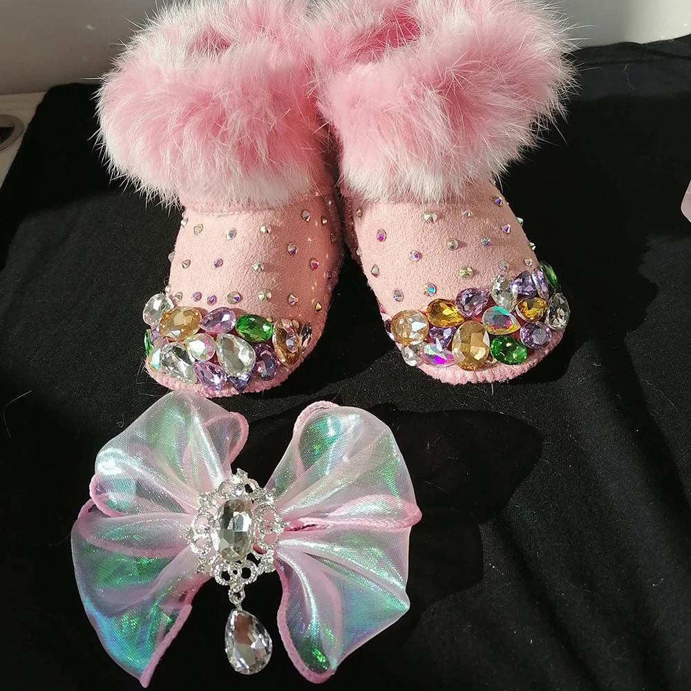 Crystal Baby Girls Snow Boots Headband Rhinestones Bling Shining Golden Noble Angel Winter Shoes First Walkers Gift