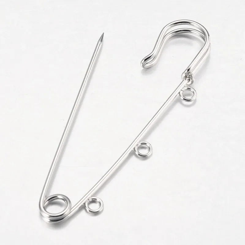 100pcs Large Iron Kilt Safety Pins Brooch Findings Pin for Kilt Brooch Crafts DIY Making With 3 Loops, 75mm, Hole: 3mm F60