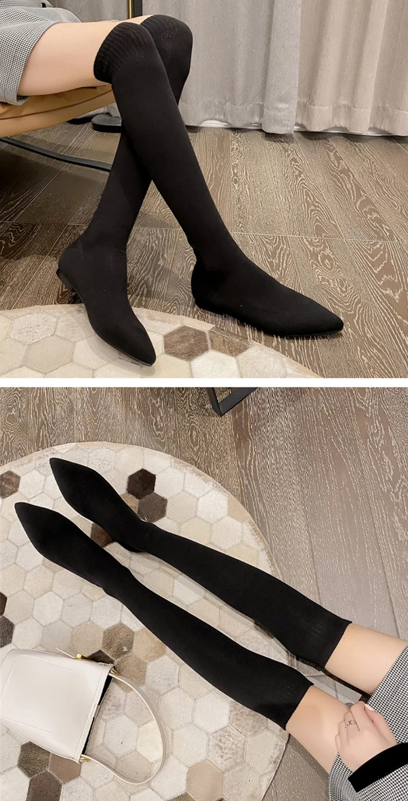 Size 34-40 Fashion Slim Leg Thigh High Sock Boots Women Black Stretch Fabric Pointed Toe Flat Heels Over The Knee Slip On Shoes