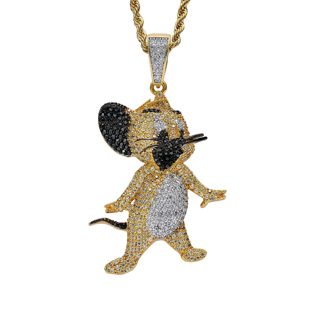 

Men Hip Hop Iced Out Mouse Jerry Pendant Crystal CZ 18K Gold Plated Christmas Present for Kids Statement Necklace