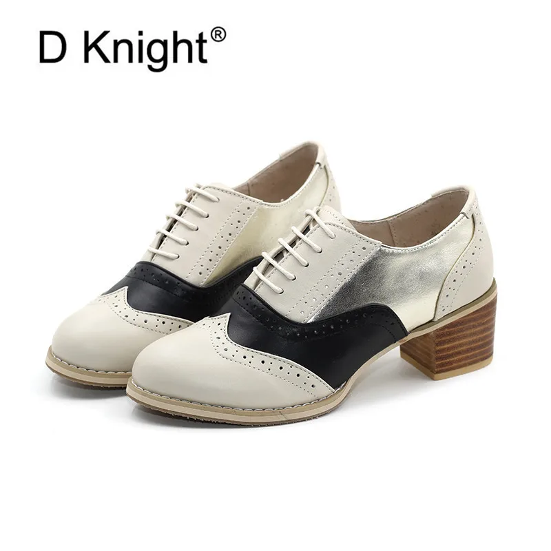 Plus Size 31-43 Oxfords Women Wingtip Genuine Leather Pumps Lace-Up Lady Brogue Shoes Handmade High Heels Oxford Shoes For Woman