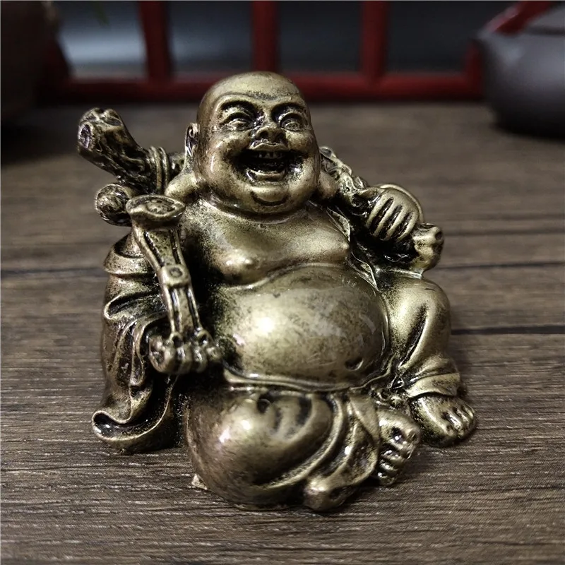 Bronze Color Chinese Laughing Buddha Statue Ornaments Resin Feng Shui Lucky Maitreya Buddha Sculpture Figurines Home Decoration