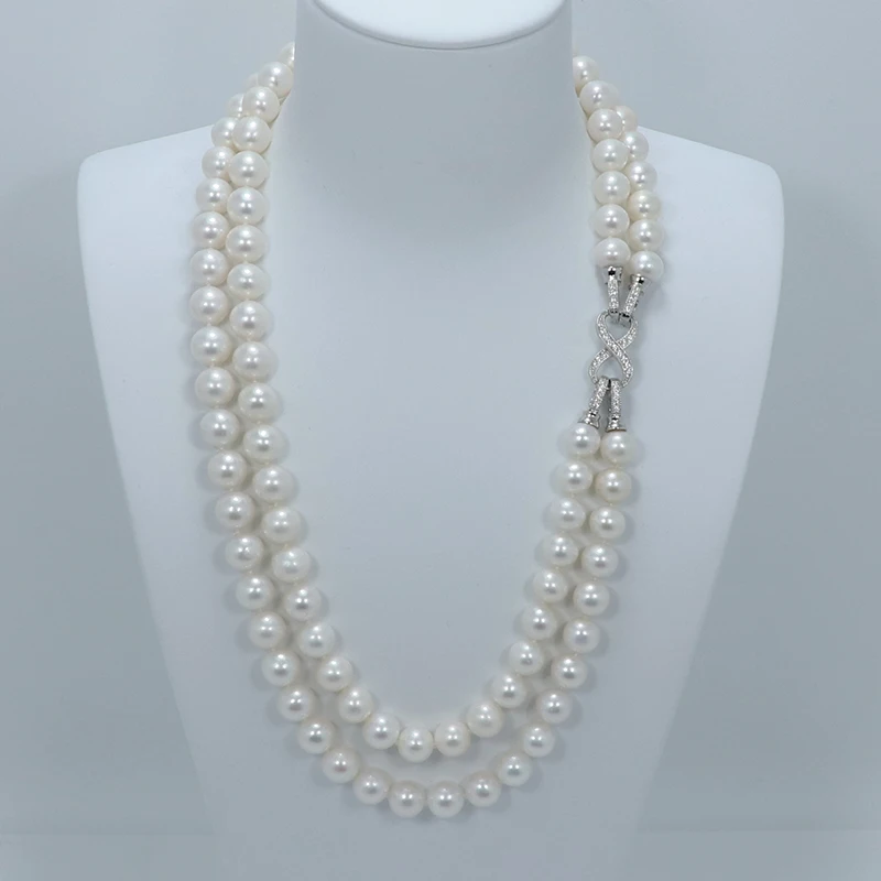 natural 8-9mm white freshwater pearl Hand knotted 2row double necklace fine jewelry 17-18inch