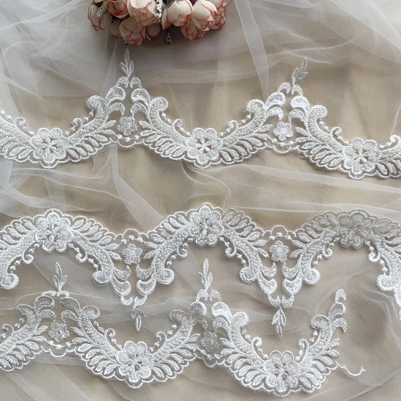 Single/Double side scallop edging beaded lace trim, ivory lace for wedding gowns, veils sewing on, embroidery lace high quality