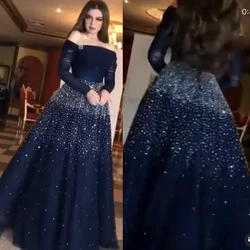 Customized navy blue prom dresses 2020 off the shoulder long sleeve tulle beading crystal a line evening dresses