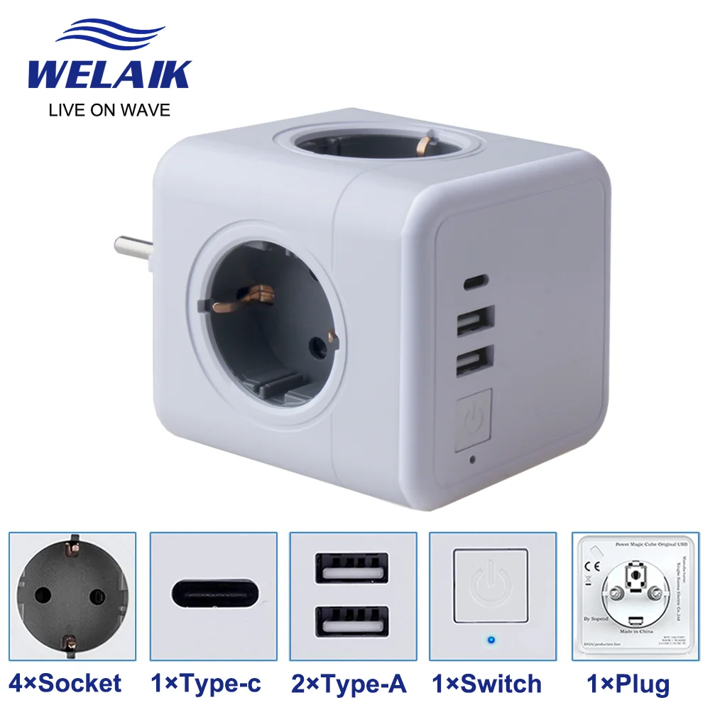 

WELAIK 16A Power Socket EU European USB Type-C Outlet White Multi-function Conversion Power Wall Socket 220V E4-ZHW