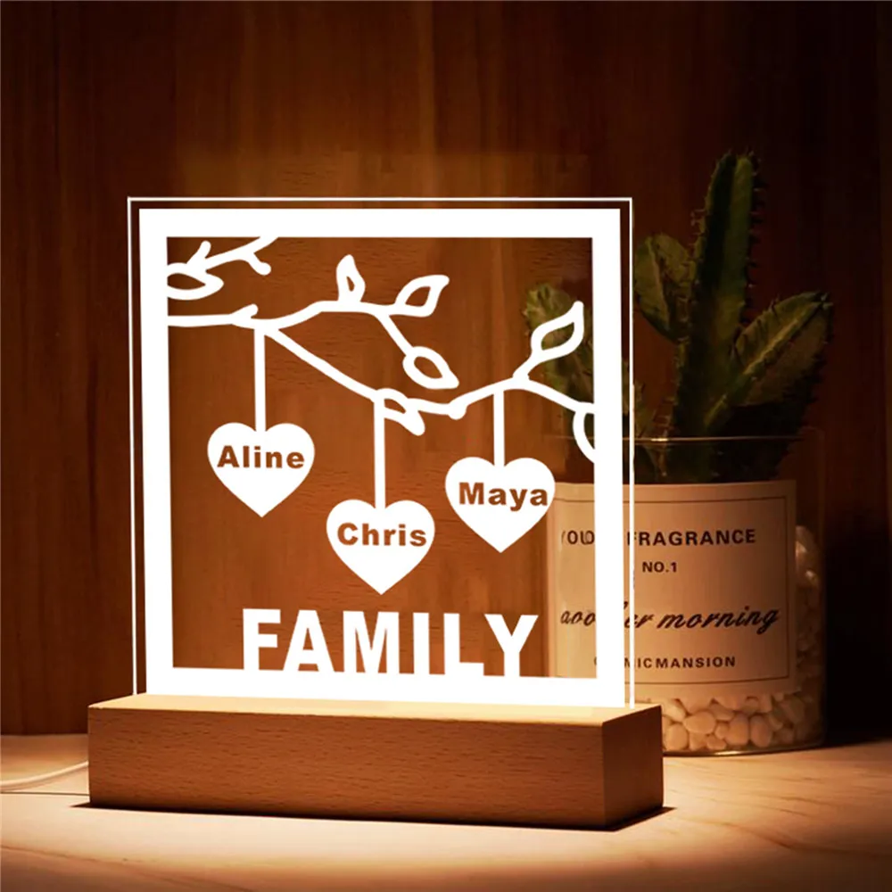 Personalized Family Tree Sign LED USB Acrylic Night Light Custom Laser Engraved Names & Text 3D Lamp Wood Base For Room Decorate