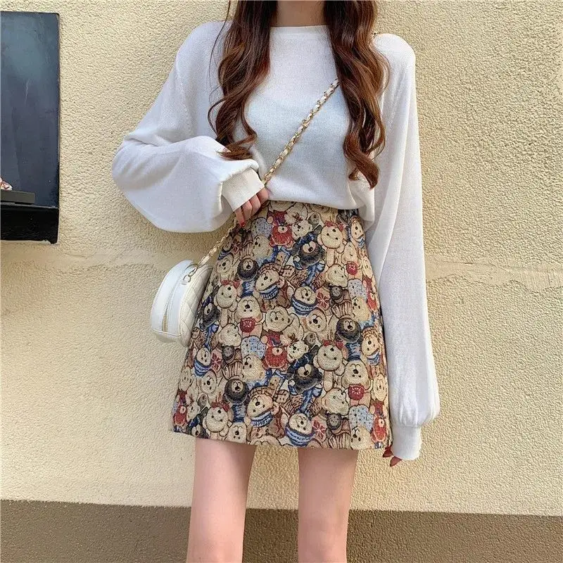 

Winter Woolen Skirt Large Size Fashion Loose Bear High Waist Short Skirt Female Bag Hip A-line Skirt Autumn and Winter