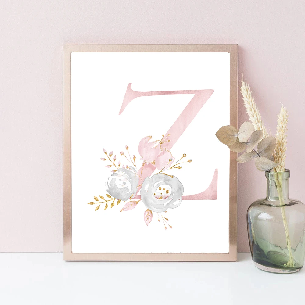 Watercolor Pink Flowers Letter Canvas Painting Posters and Prints Cuadros Wall Art Picture for Kid\'s Living Room Home Decoration