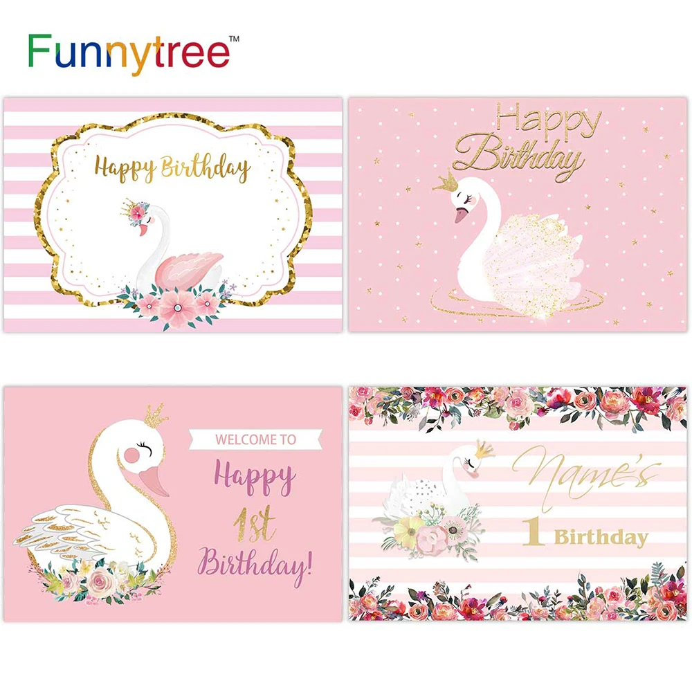 Funnytree Swan Pink Background Happy Birthday Baby Shower Newborn Welcome Party Backdrops Photo Booth for Photocall Decor