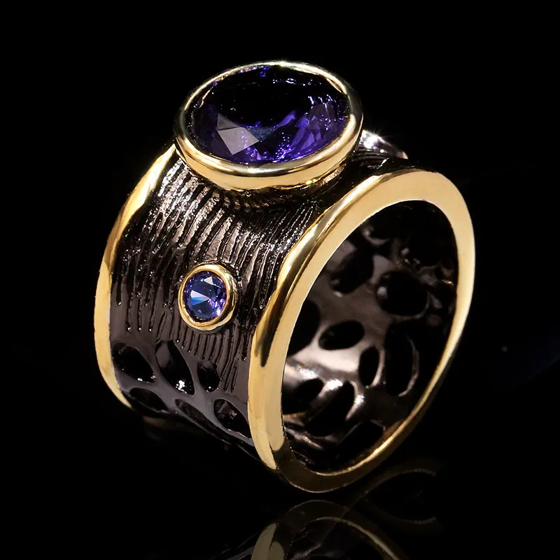 S925 Sterling Silver Big Round Cut Amethyst Rings for Women Vintage Black Gold Cocktail Party Ring Italy Jewelry Antique Design