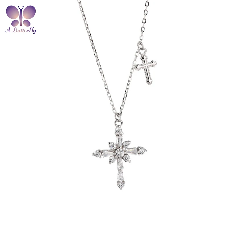 925 Sterling Silver Cross Necklace Artificial Diamond Fashion Religious Token Necklace