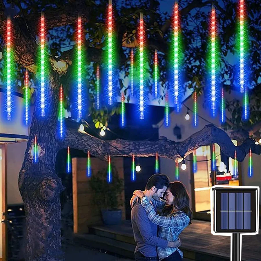 Solar Led String Light Garland 8 Tubes Solar Meteor Shower Rain Light Outdoor Fall Raindrop Christmas Light For Garden Tree Roof