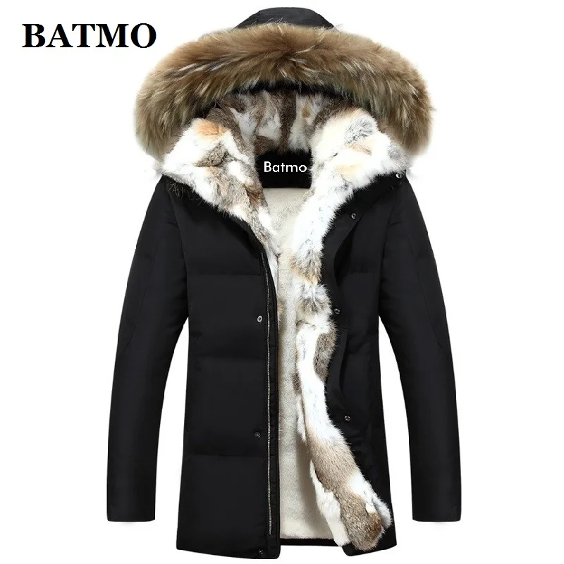 BATMO 2024 new arrival winter rabbit fur collar 80% white duck down hooded jackets men,size S-5XL