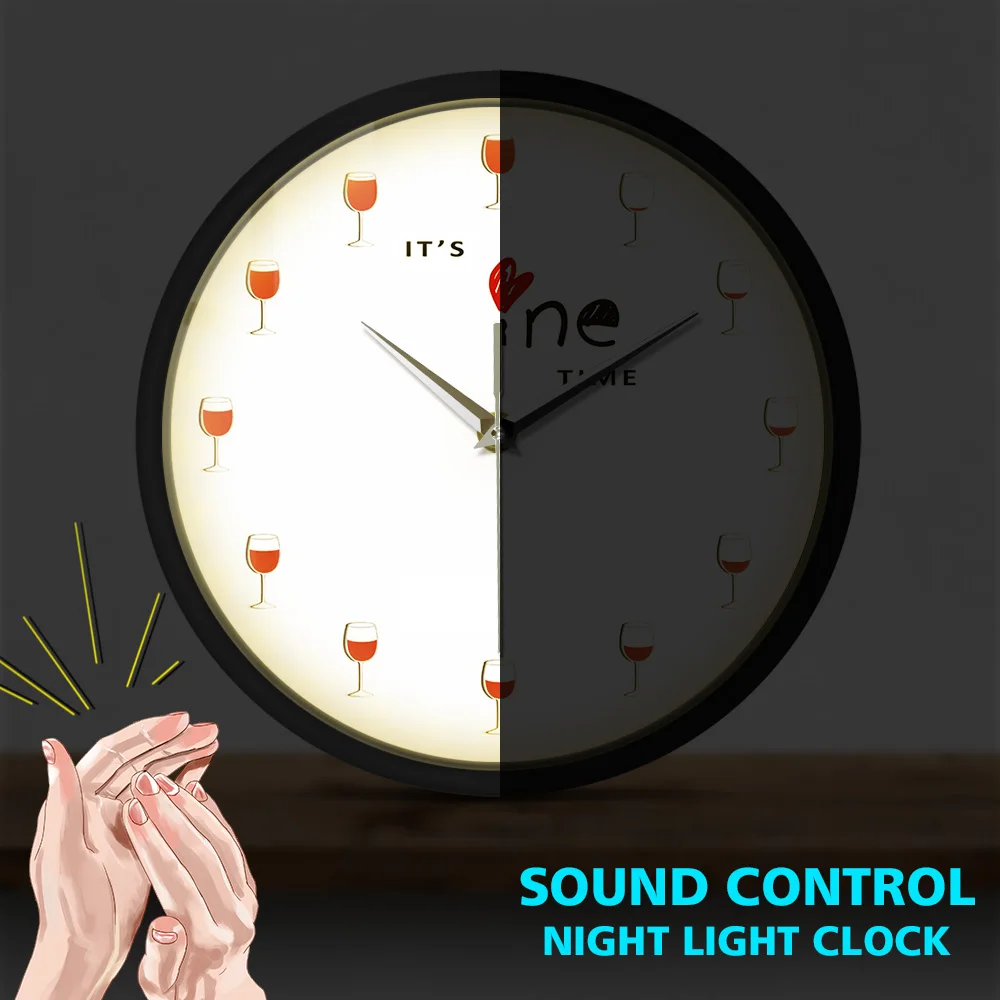 

It's Wine Time Sound Control LED Wall Clocks Alcohol Wine Glass Silent Movement Geek Decoration Mute Horologe Drinker Lover Gift