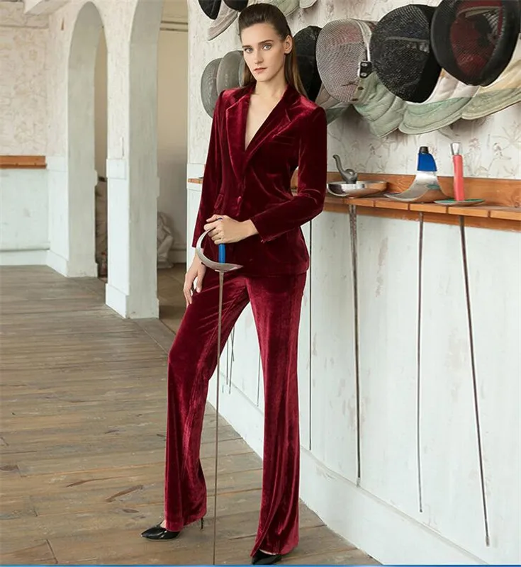 Tesco Burgundy Velvet Women Pantsuits Jacket Women Fashion Long Sleeve Blazer Women Tailored Collar Jacket Suits Female Ladies