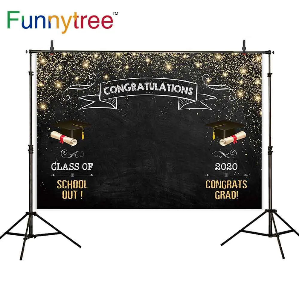 

Funnytree Photography Backdrop Graduation Party Ceremony Portrait Gold Sparkle Banner Background School Cap Blackboard Photocall